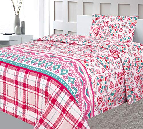 Sapphire Home 6 Piece Twin Size Girls Kids Teens Comforter Set Bed In Bag, Shams, Sheet Set & Decorative Toy Pillow, Kids Comforter Bedding W/Sheets, Hearts Love Plaid Vibrant Pink, 6Pc Love Hearts #TOP3