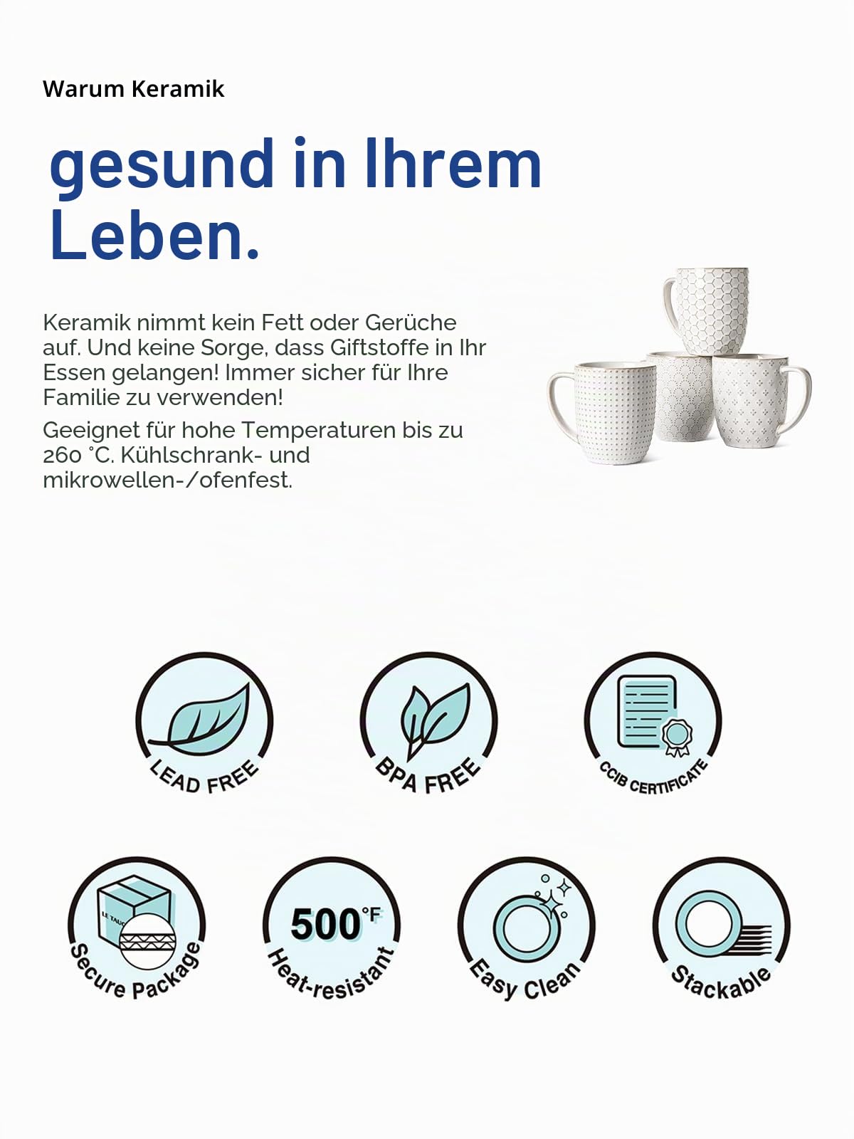 LE TAUCI Kaffeetassen Set, 473 ml, Keramiktassen Kaffeebecher, Prägetassen Große Tassen für Latte, heißen Tee, Cappuccino, 4 Stück, Arktisweiß