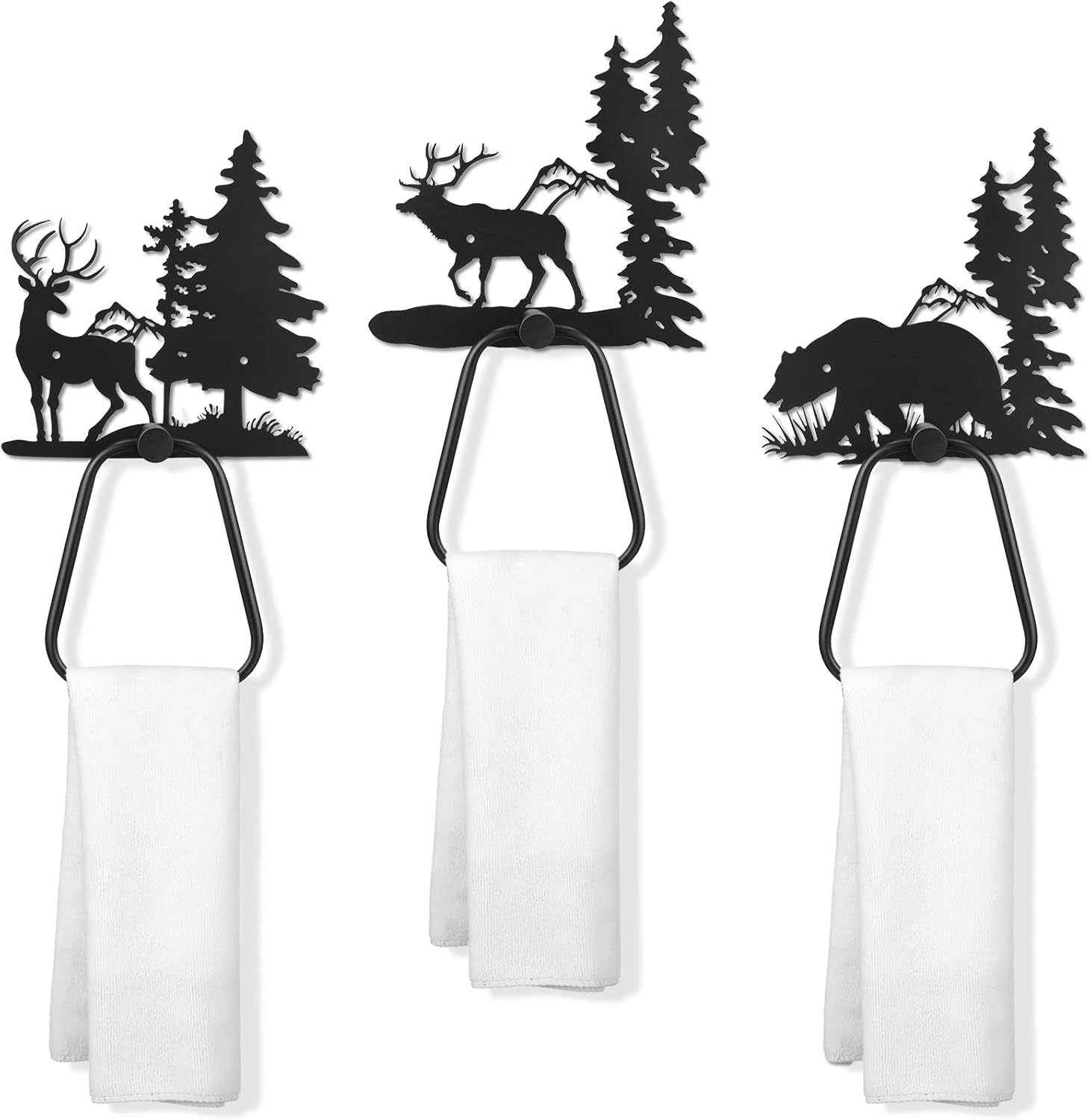 Peryiter 3 Pcs Bear Towel Holder Rustic Towel Racks Cabin Bathroom Decor Black Bear Deer Wipe Ring Wall Decorations Farmhouse Kitchen Gifts