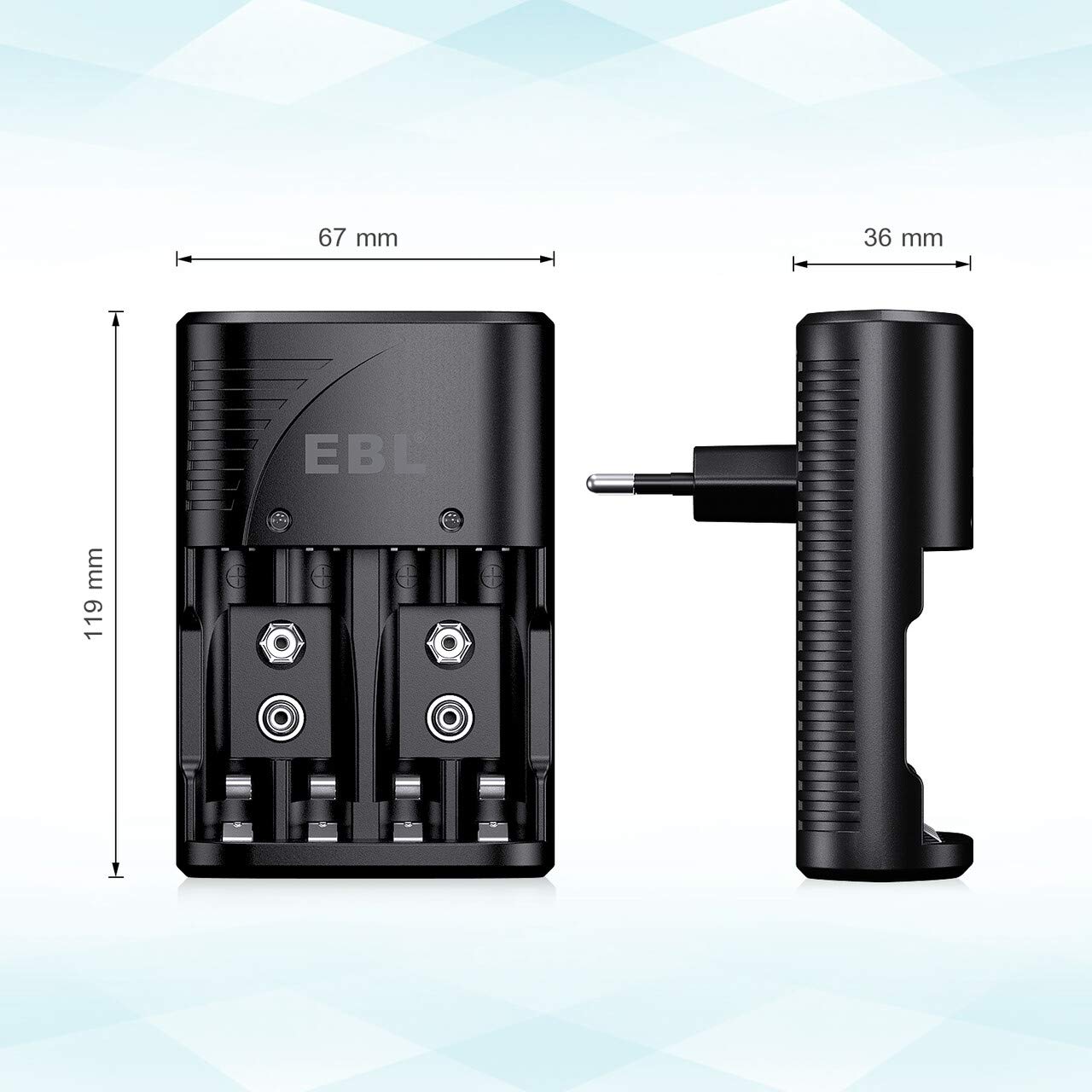 EBL Plug Caricabatterie Universale per AA e AAA 9V Ni-MH Batterie Ricaricabili, Carica Rapida, Indicatori LED Intelligenti