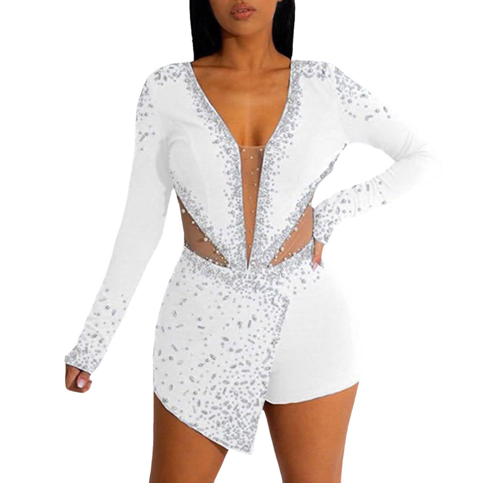 Glitzer Body Damen Party Oberteil Karneval Transparent Outfit Bodysuits Mesh Sexy Blusebody Pailletten Langarm Spitzenbody Curvy Einteiliger Jumpsuit