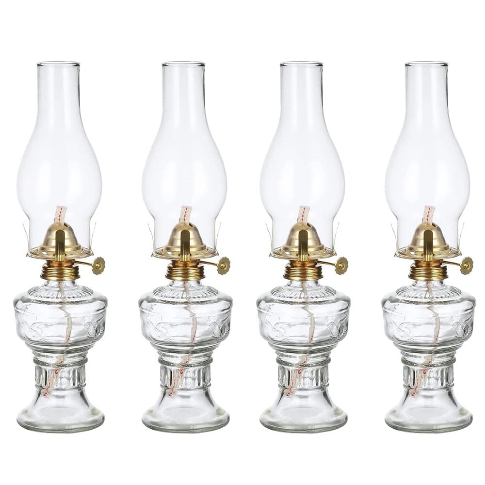 Lot de 4 lampes à huile rétro en verre de 12,99 pouces - Lampe à pétrole traditionnelle vintage antique - Éclairage d'intérieur - Lampes à huile coupe-vent pour chambre à coucher, bureau
