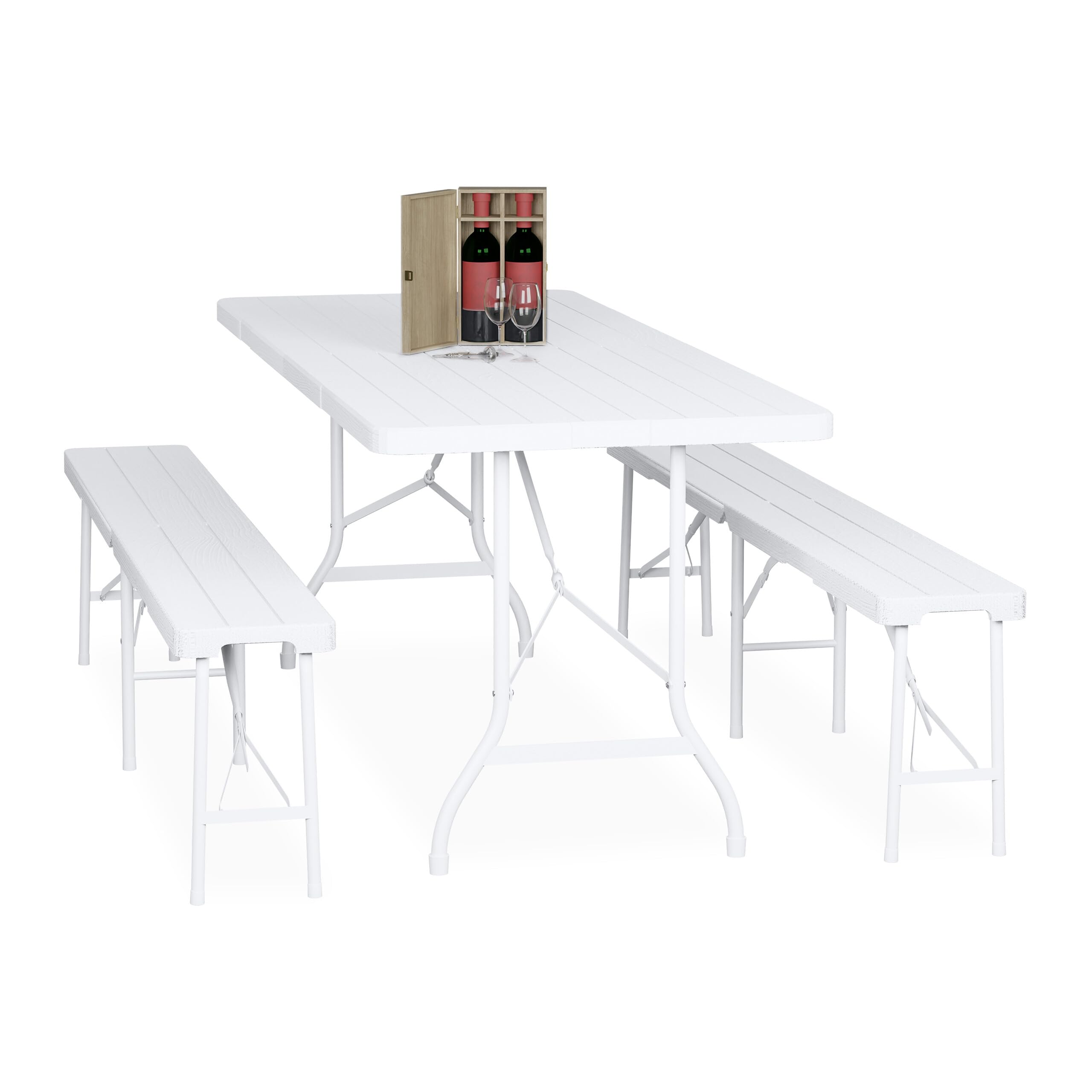 Table pliante 180 cm effet bois avec bancs : robustesse et design blanc pour pavillon