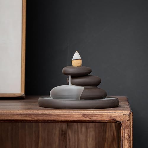 Miniatura 4 de OwMell Balanced Stones Cairn - Soporte para incienso de reflujo de cerámica, piedra zen apilada, quemador de incienso de cascada para decoración del