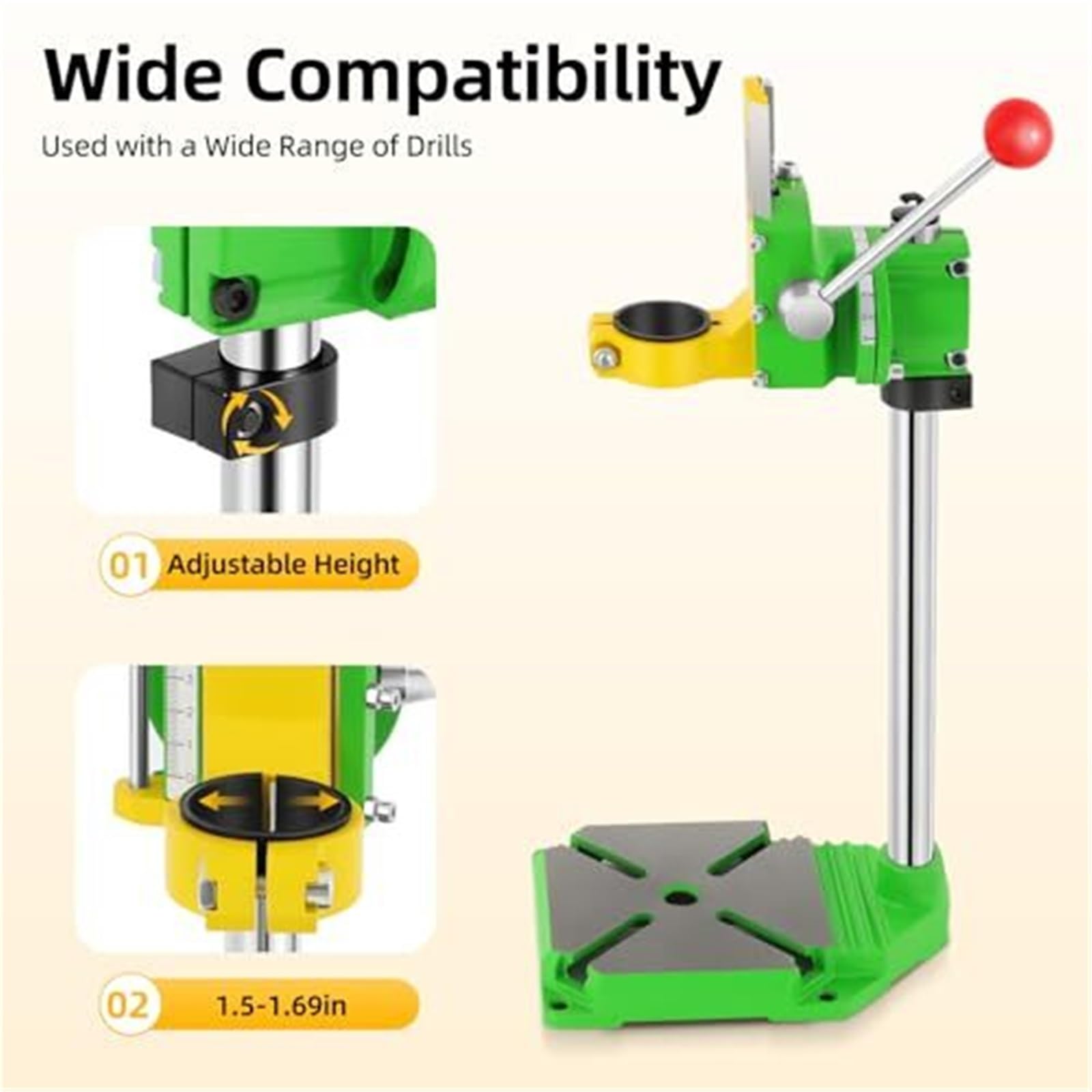 Supporto per trapano da banco per trapani manuali, corsa 60 mm con scala di profondità, base girevole regolabile a 90°, supporto per trapano a colonna per lavorazione del legno e fai da te