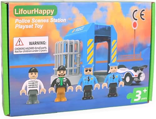 Miniatura 10 de Accesorios de madera para vías de tren, juguete de estación de oficina de policía compatible con Thomas & Brio, paquete de expansión de tren de