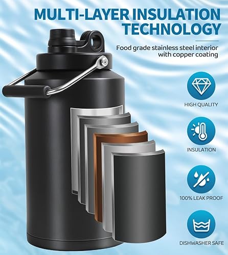 Miniatura 3 de Jarra de Agua de Galón, Botella de Agua Aislada, Jarra de 1 Galón con Asa, Botella de Agua Grande de Acero Inoxidable de 128 oz de Boca Ancha de