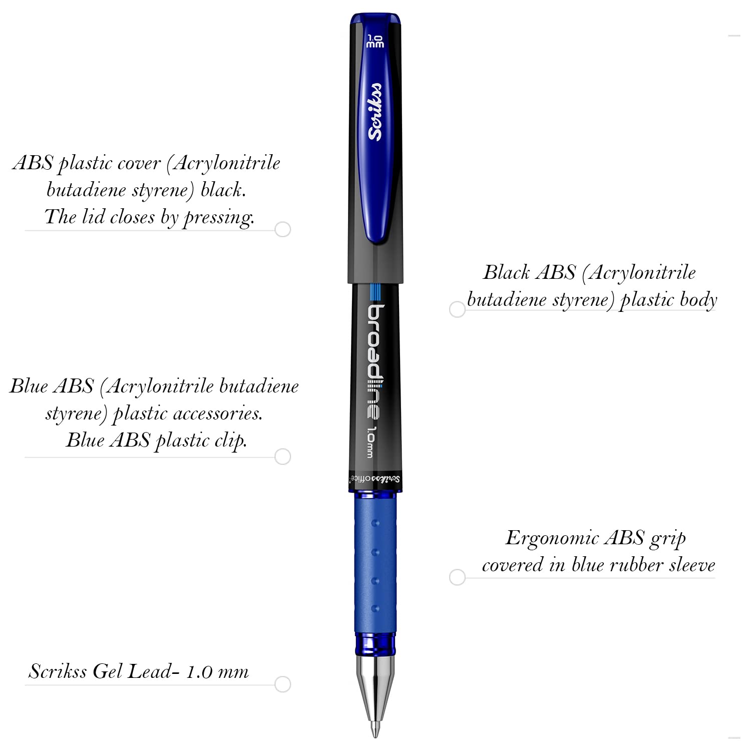Scrikss Office Broadline 1.0mm Gel Pen – Fast Dry Gel Ink, Smooth Writing, ABS Plastic Body – Set of 6 Pens (Blue)