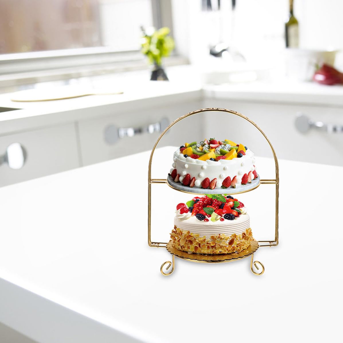 WOONEKY Présentoir à Gâteaux, Étagère à Desserts Double Couche en Fer et Céramique, Or, pour Cupcakes, Fruits et Desserts, Mariage et Remise de Diplôme