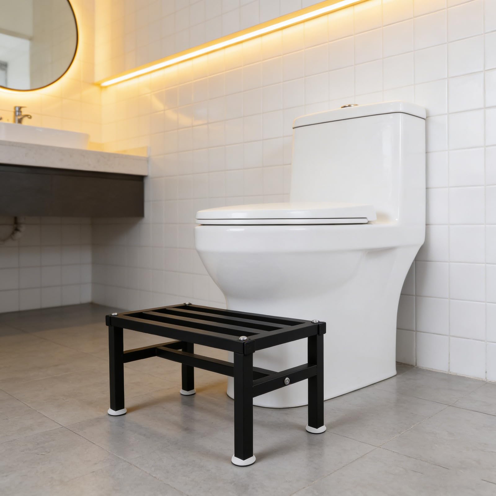 Healvian Sgabello Bagno Nero in Ferro Compatto e Resistente alle Macchie per Anziani, Sedile Antiscivolo per Doccia e Wc per Casa e Viaggi