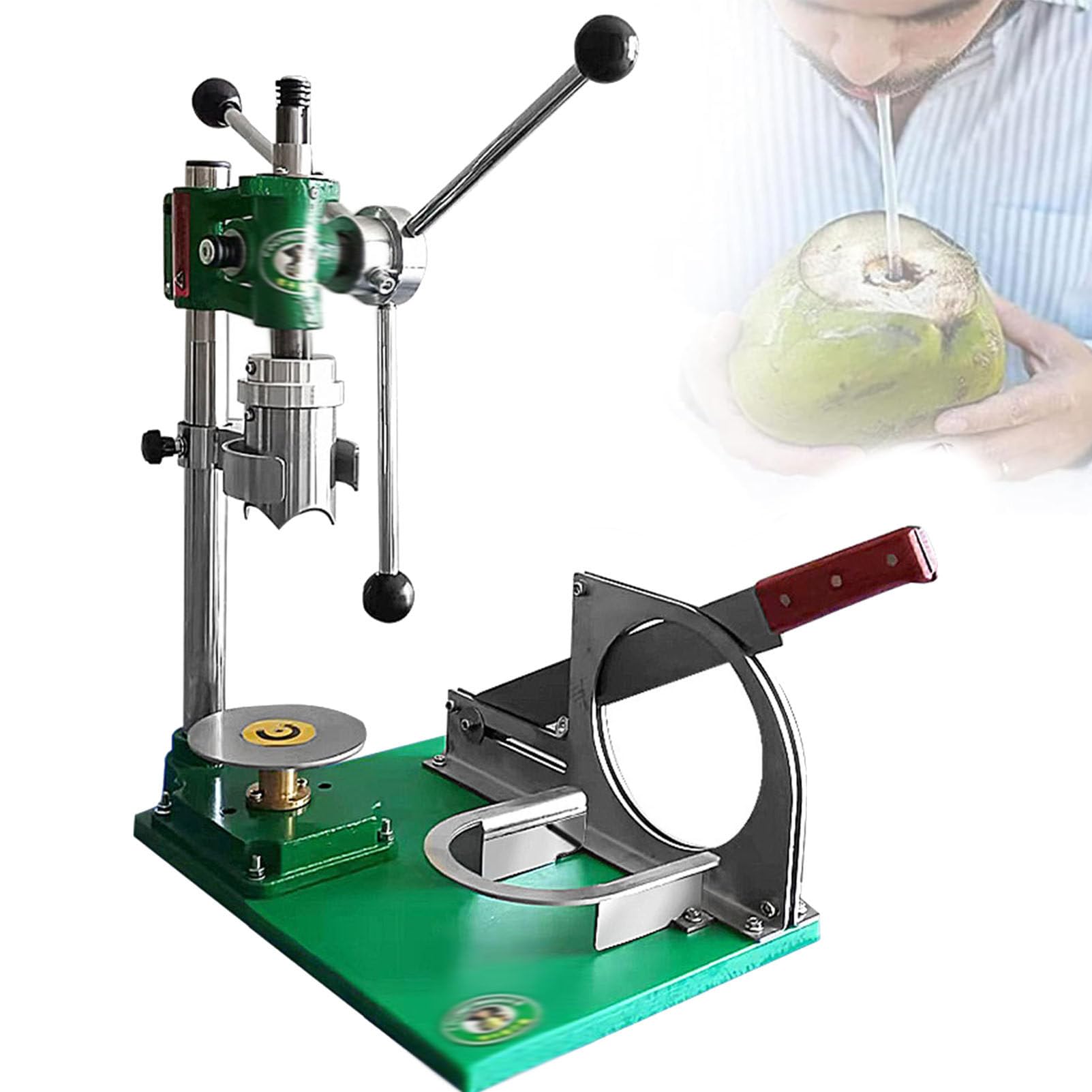 Oiyekntd Coconut Opener Tool for Fresh Coconut, Desktop Stainless Steel Green Fresh Young Coconut Peeler, Coconut Cutting and Peeling Machine, Coconut Hole Open 2.36" Diameter 3Handle