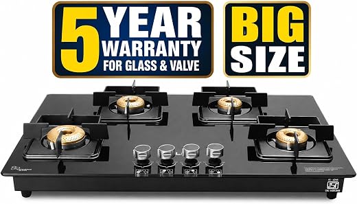 iBELL Flame 4 Burner Built-in Gas Hob | Auto Ignition Glass Top Gas Stove | 5-YEAR WARRANTY | 7mm Toughened Black Glass 80 x 50 x 8 cm |