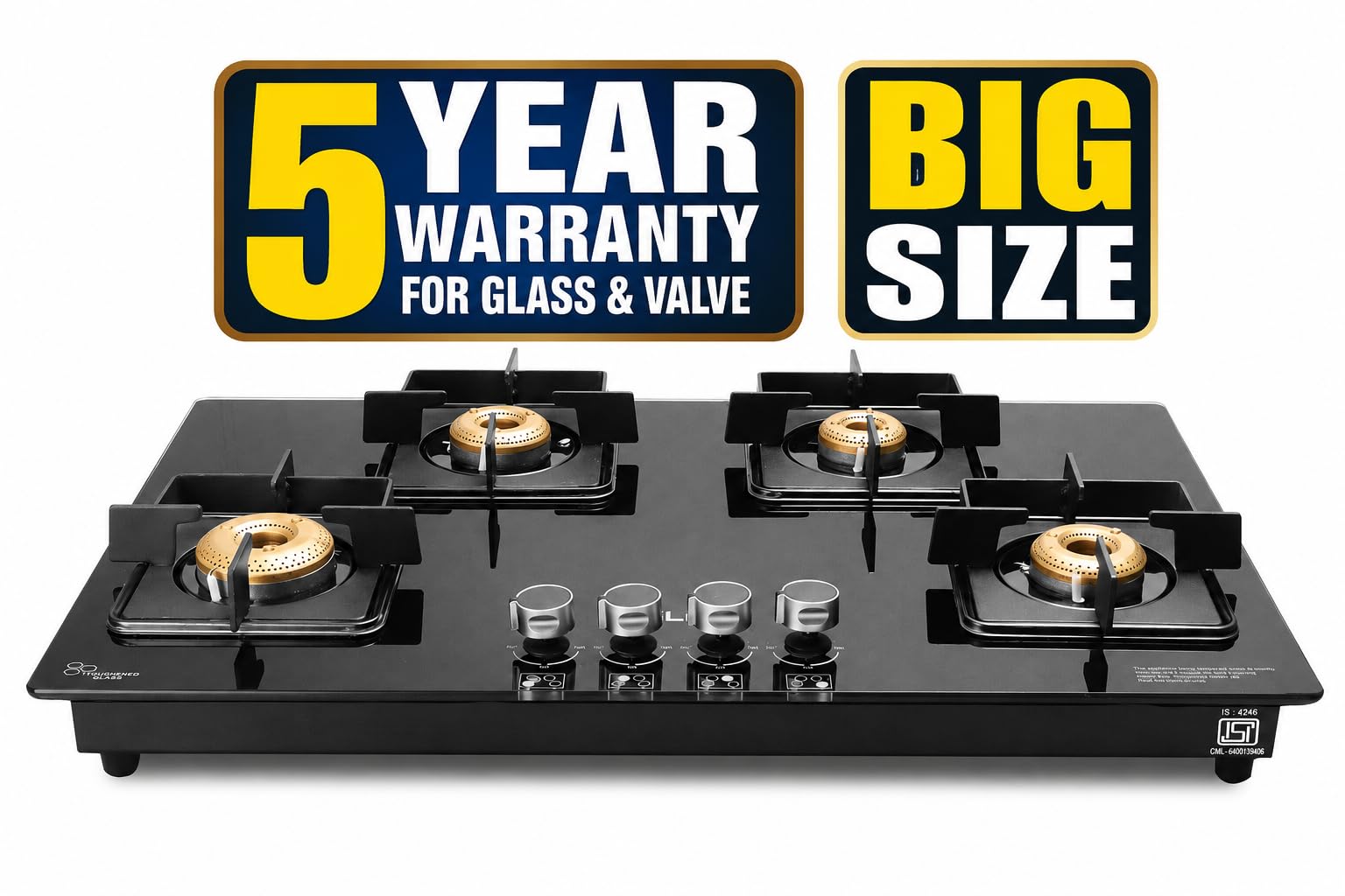 iBELL Flame 4 Burner Hob Gas Stove with Auto Ignition, 7mm Toughened Glass Top, High-Efficiency Brass Burners, Black, 80 x 50 x 8 cm-image-31