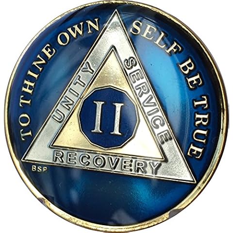 2 Year Midnight Blue AA Alcoholics Anonymous Medallion Chip Tri Plate Gold & Nickel Plated Serenity Prayer Cover