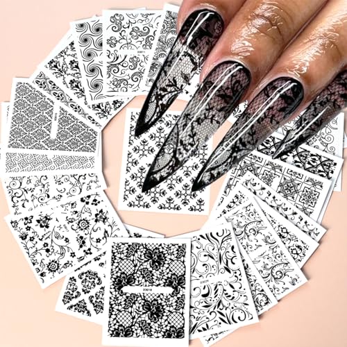 30 Sheet Black Nail Art Stickers 3D Self-Adhesive Nail Stickers for Spring Nail Art Supplies Black Lace Flower Design Nail Decals Spring Summer Manicure Decorations for Women Girls