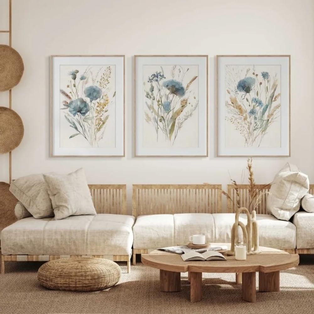 Set Of 3 Canvas Poster Vintage Blue Beige Watercolor Wild Flowers Minimal Botanical Farmhouse Wall Art Prints Gift Bedroom Living Room Dorm Gallery Corridor Decor Picture ,50x70 CM (19.7x27.6 In)