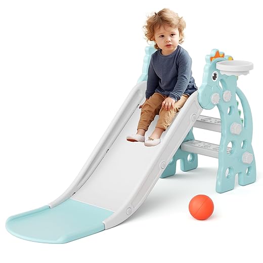 Glaf Toddler Slide for Age 1-3 Kids Baby Slide Indoor Playset Outdoor Playground Plastic Foldable Slides for Toddlers Backyard Climber Set with Stairs Basketball Hoop and Ball (Mint)