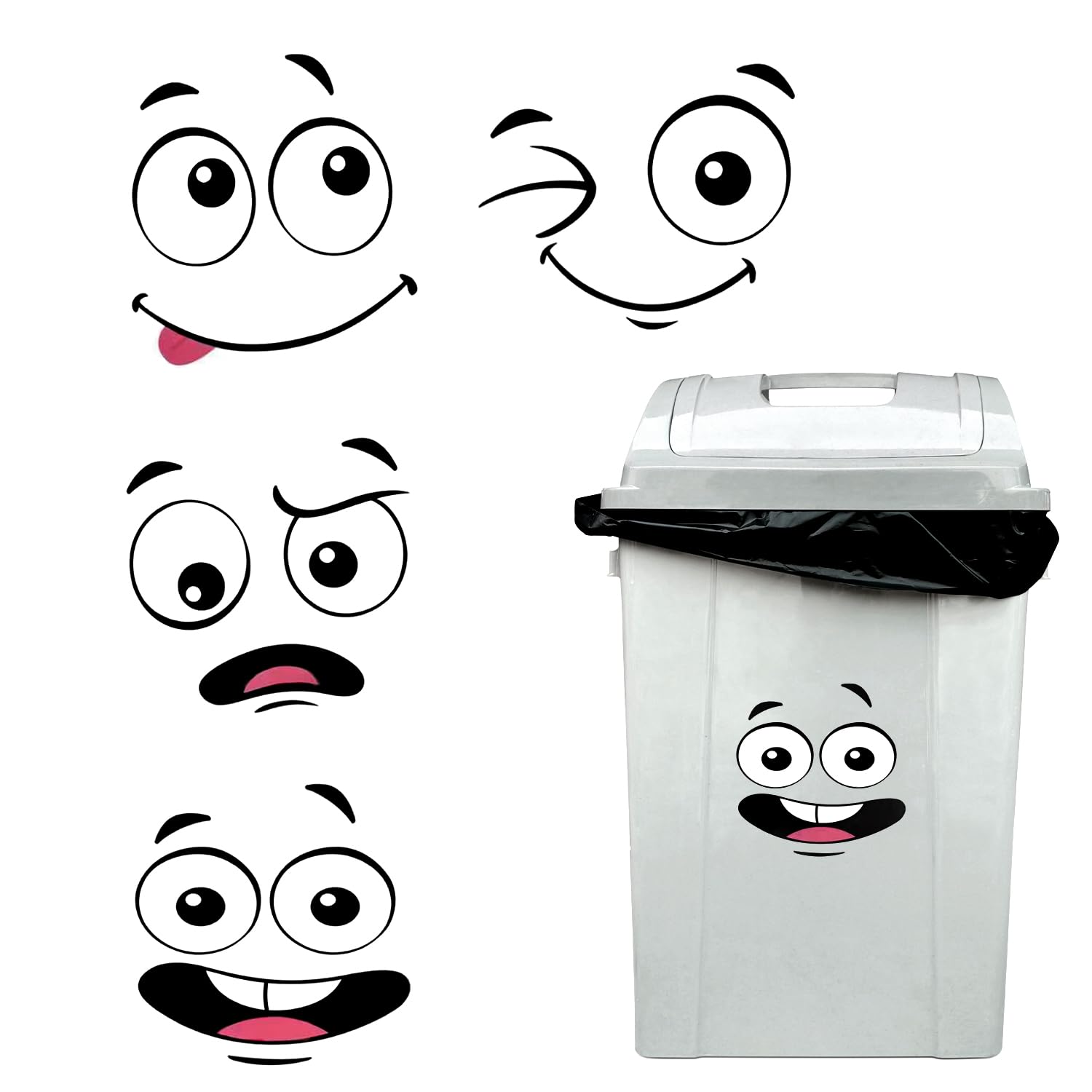 4 pcs Funny Wheelie Bin Stickers | Waterproof PVC Cartoon Bin Sticker | Decorative Faces Self-Adhesive Dustbin Stickers for Outdoor Bins Bathroom Walls
