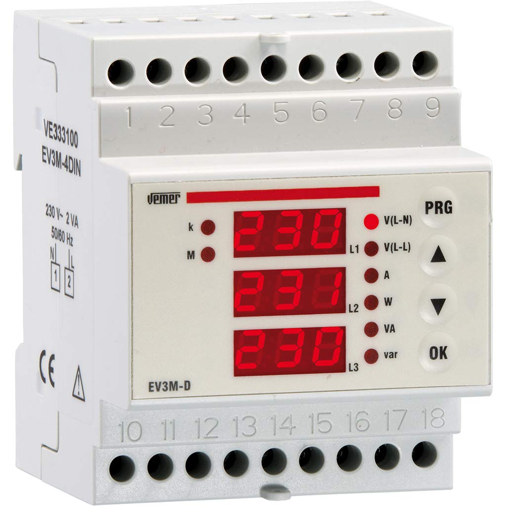 VEMER VE333100EV3M-D - Multimetro Digitale per la Misura delle Principali Grandezze Elettriche nei Sistemi Trifase a 3 o 4 Fili, Alimetazione 230V, Installazione su Barra DIN (4 moduli), Bianco