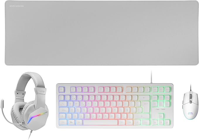 Mars Gaming MCP-RGB3, Idioma Español, Pack RGB Teclado Fixed, Ratón Flow 3200 dpi, Auriculares Over-Ear, Alfombrilla XXL, Blanco