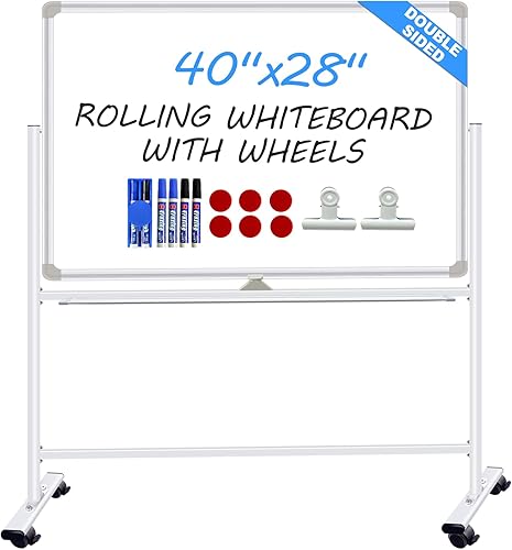 Pizarra de borrado en seco con soporte, 40 x 28 pulgadas, pizarra blanca móvil de doble cara sobre ruedas, pizarra blanca rodante para el hogar,