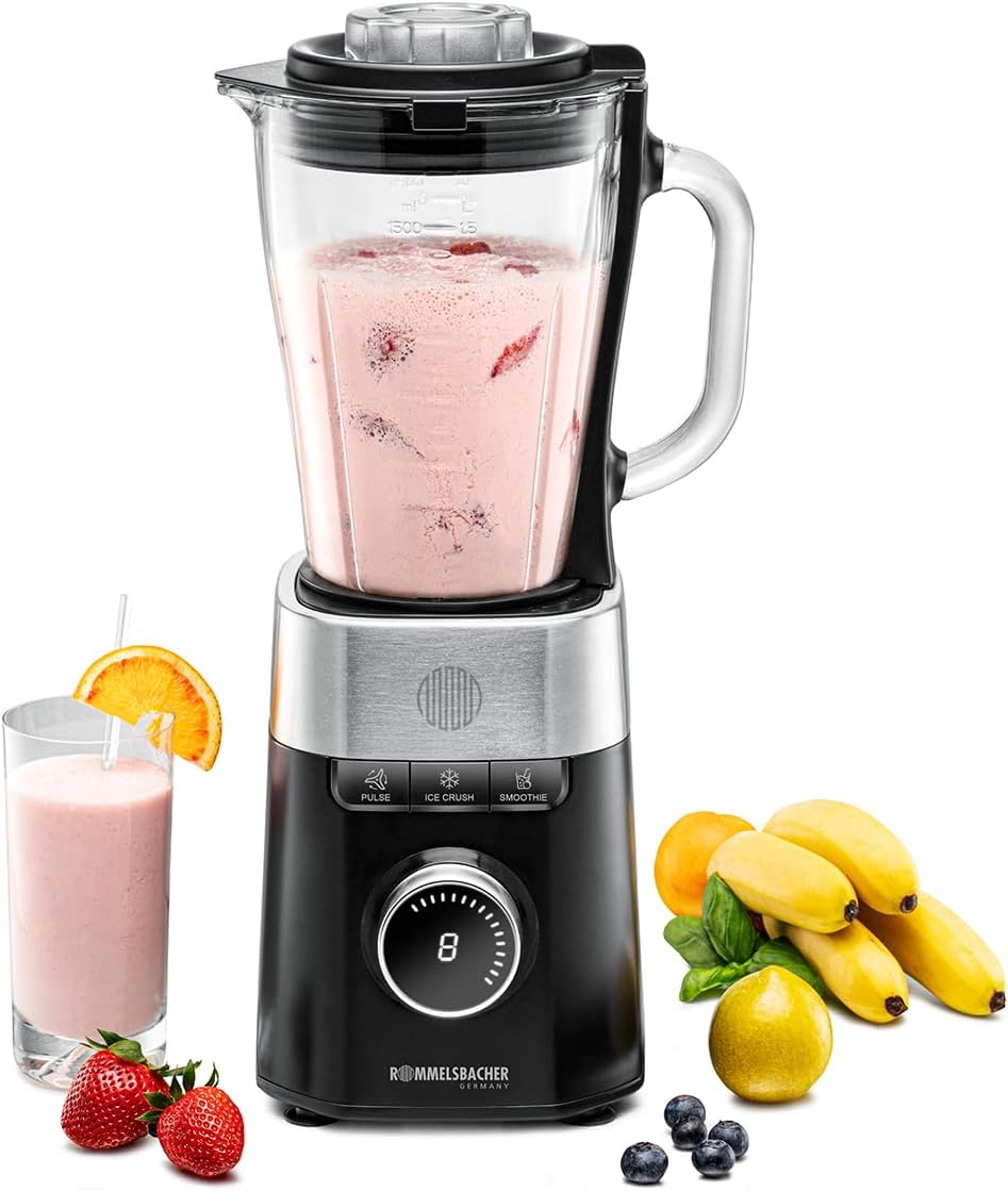 ROMMELSBACHER Standmixer MX 1260, 22.000 U/min, Drehzahlregulierung in 8 Stufen, Funktionstasten (Smoothie, Pulse, Ice Crush), 1,5 l Glaskrug, Spezialmesser aus Edelstahl, 1200 Watt