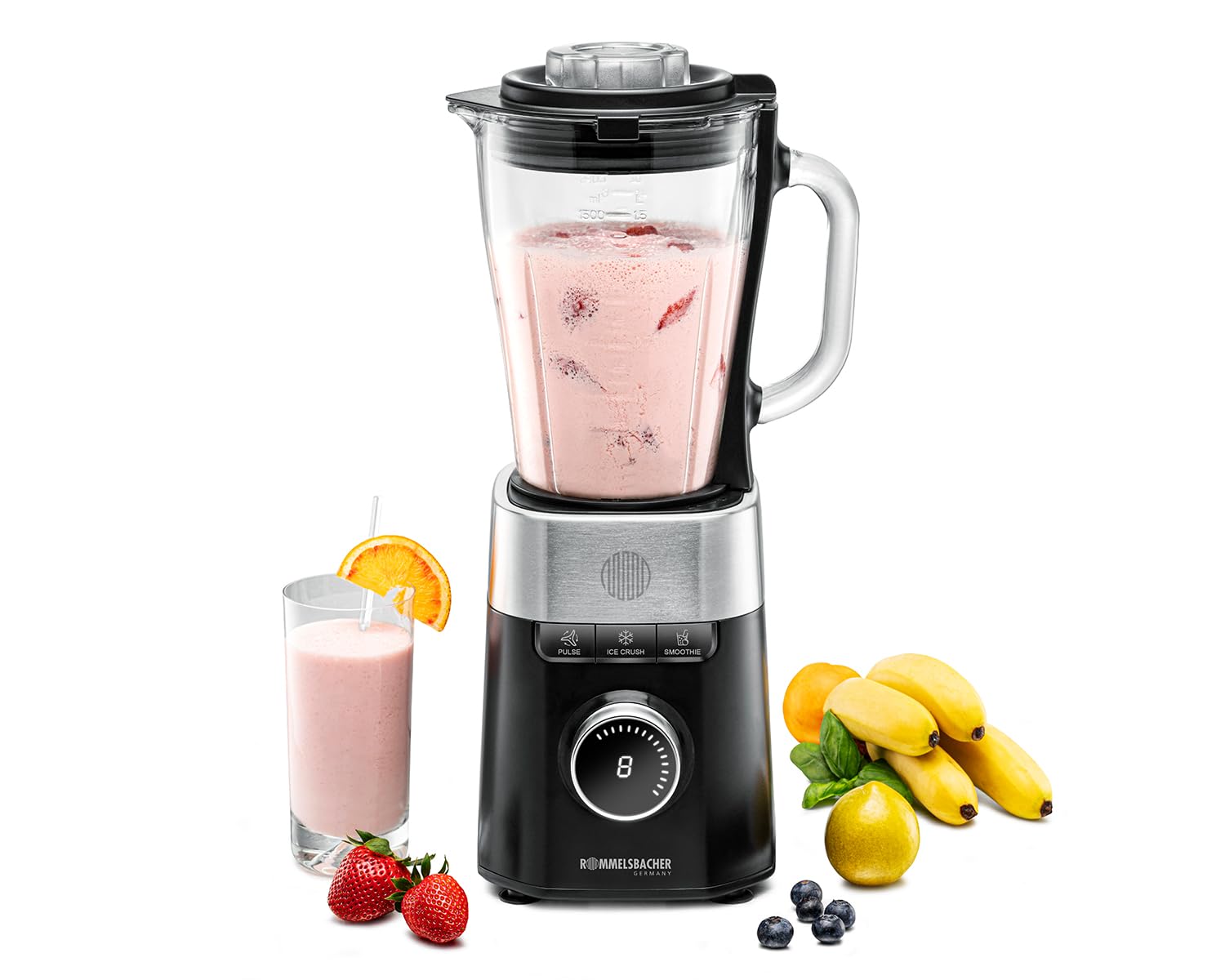 ROMMELSBACHER Standmixer MX 1260, 22.000 U/min, Drehzahlregulierung in 8 Stufen, Funktionstasten (Smoothie, Pulse, Ice Crush), 1,5 l Glaskrug, Spezialmesser aus Edelstahl, 1200 Watt