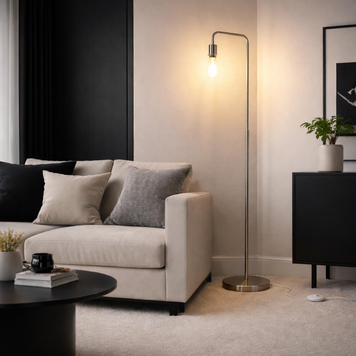 Cgc Lighting Floor Lamp Only Indoor Floor Lamp Brushed Satin Nickel Angled Corner Standing Reading Light And Lampshade Living Room Lounge (Floor Lamp Only)