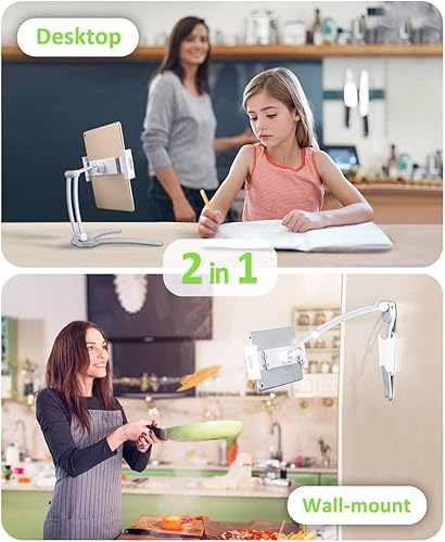 Miniatura 2 de AYADA Soporte para tablet de gabinete de cocina, soporte de escritorio 2 en 1 para iPad 12.9 de aleación de aluminio ajustable, multiángulo,
