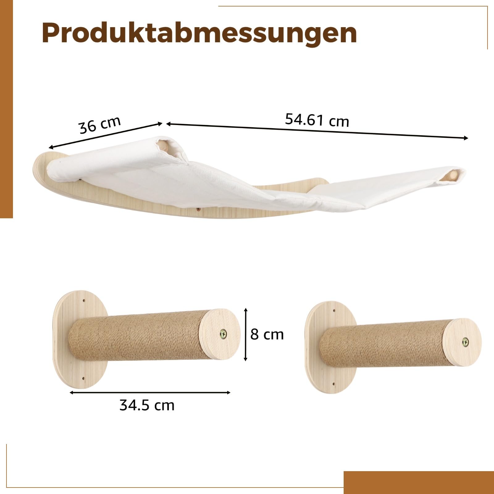 Katzenhängematte Wandmontage, Kletterwand Set aus Massivholz mit Katzentreppe, Holz Katzenbett mit Kratzbaum, Wandmontiertes Katzenkletterset, 54,61 x 36 cm