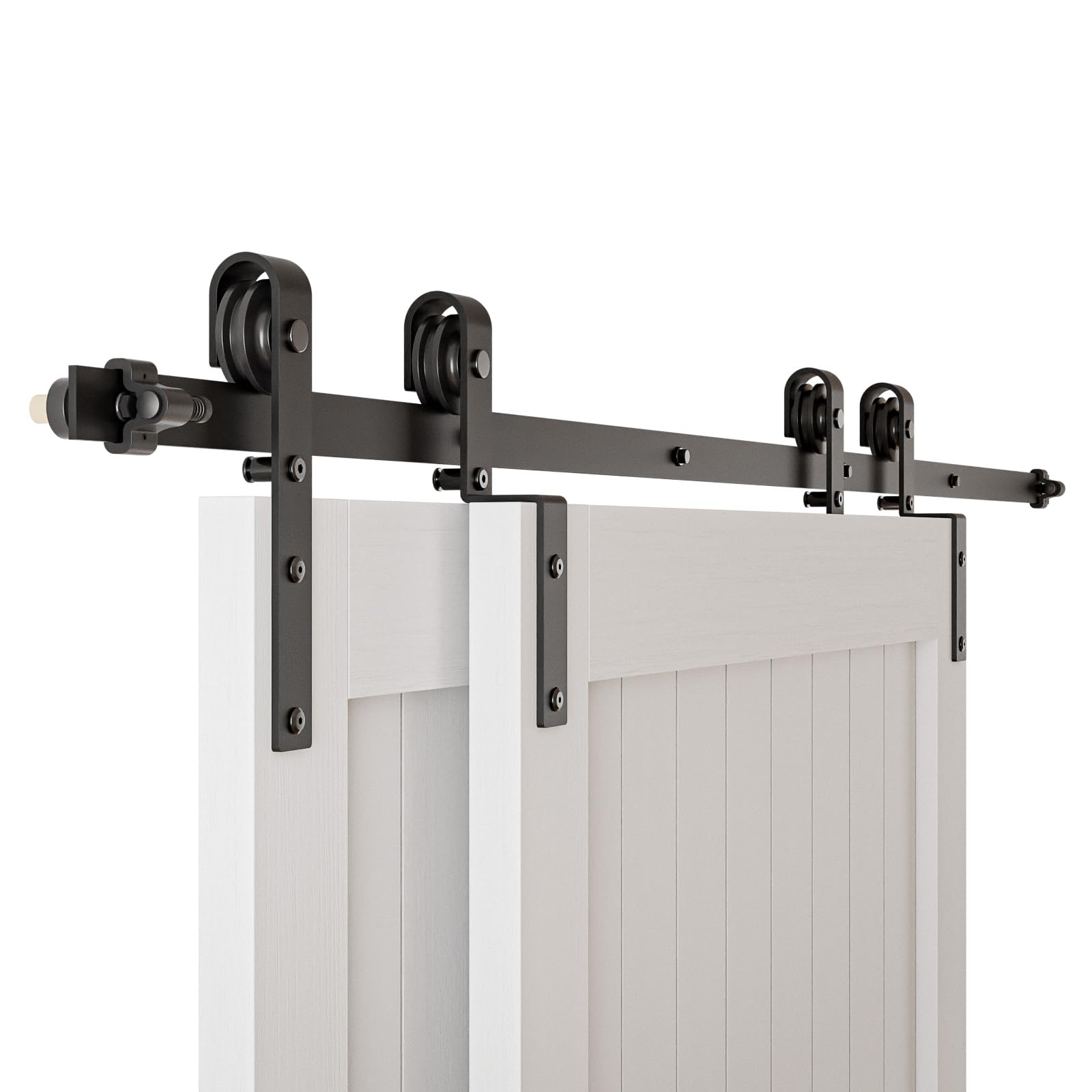 4-14ft bypass sliding barn door hardware kit single track system carbon steel basic roller hanger easy to install fit double 48" wide doors panels (8ft single track bypass)