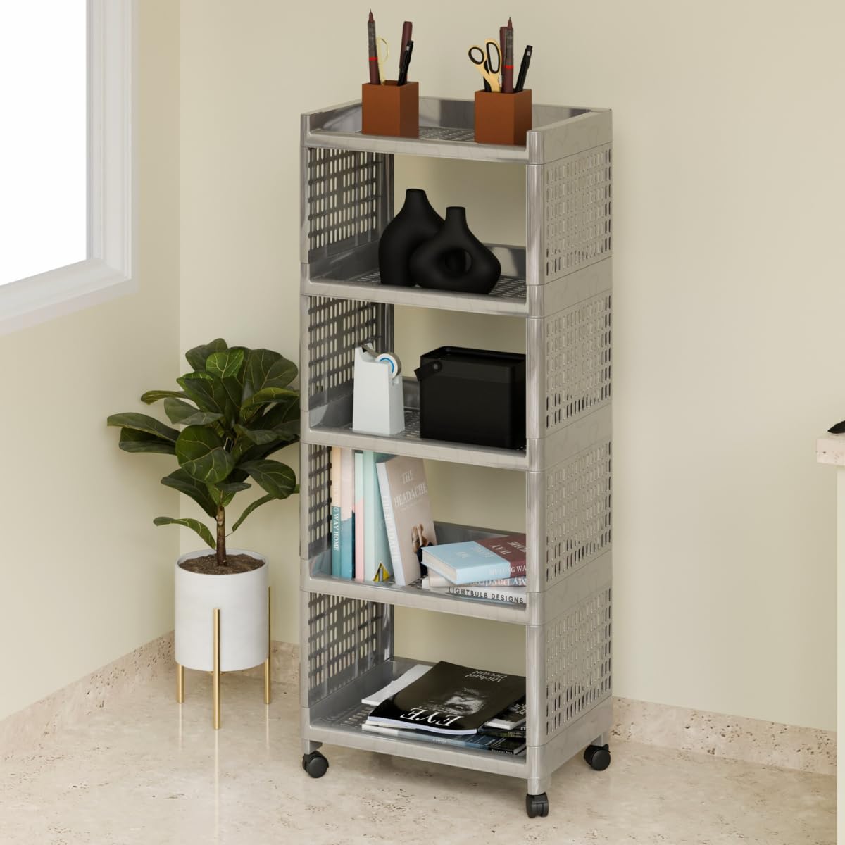 Morbrix Multipurpose Storage Organizer Rack For Home, Kitchen, Bathroom, Rack For Storage, Utility Rack,Trolley With Wheels (5 Layer, Silver) - Plastic-image-38