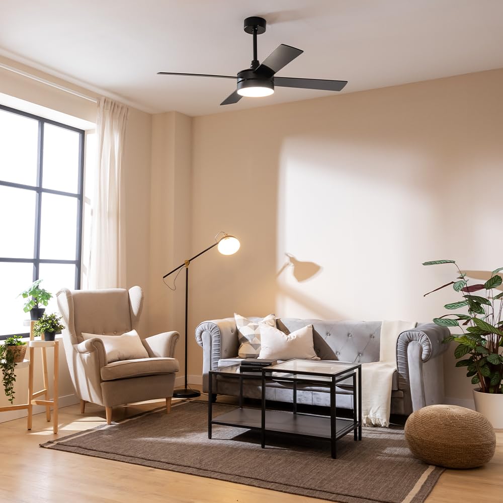 Cecotec Ventilador de Techo con Mando a Distancia, Temporizador y Luz LED Ventilador de techo EnergySilence Aero 5200 Line. 60 W, Motor de Cobre, 52", 4 Aspas, 3 Velocidades, Función Invierno (Negro)