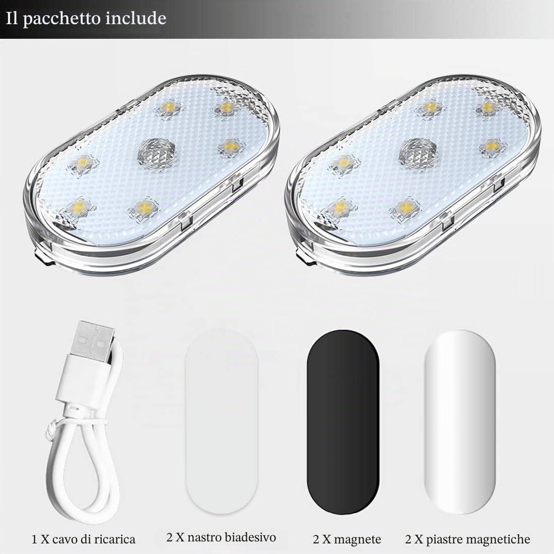 2 PCS auto ha condotto le luci interne,Illuminazione ambientale bianca interna,Luce di lettura interna auto ricaricabile USB