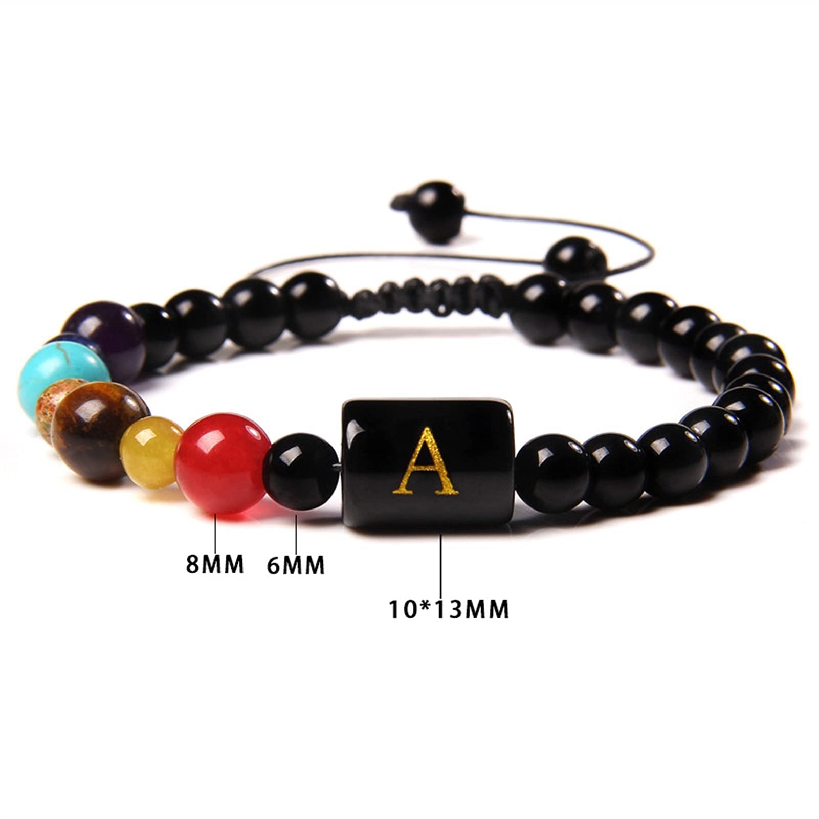 WXKAGF Naturstein-Armband, natürlich, 7 Chakra, Fengshui, schwarzer Onyx, roter Agat, Tigerauge, Stein, Perlenarmband, Herren, schwarzes Seil, 26 Buchstaben, Charm-Armreif, Damenschmuck,