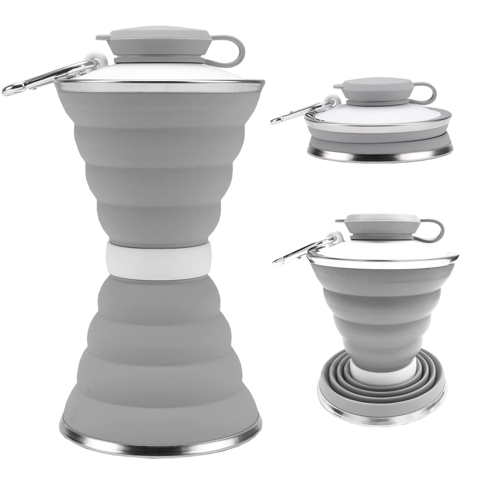 Collapsible Water Bottle, 500ml Silicone Portable Travel Bottle with Carabiner and Strap Leak-Proof Reusable Foldable Cup for Sports Gym Camping Hiking Cycling, Gray (A32-UK-WB)