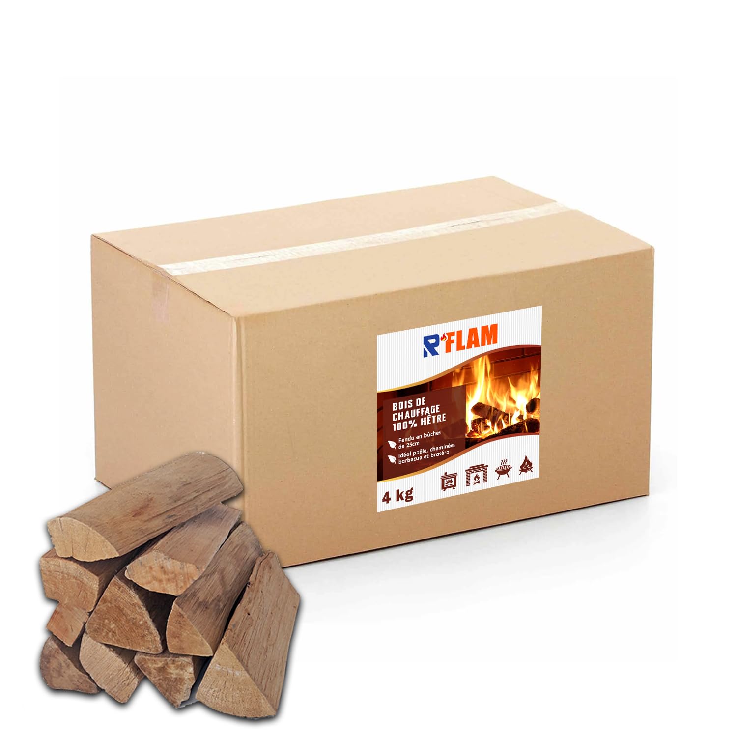 Bois de Chauffage 100% Hêtre – Bûches 25 cm - Bois Sec Haute Performance – pour cheminée, poêle, Insert, Barbecue, braséro – R’FLAM - 4 KG