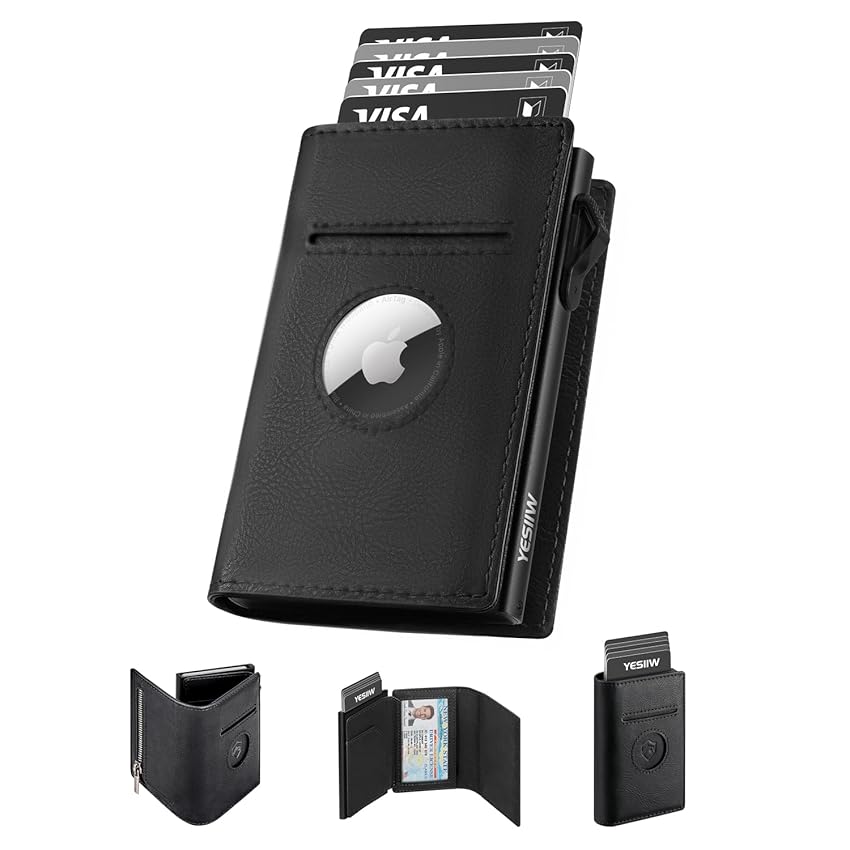 YESIIW AirTag Portafoglio da Uomo per Apple Air Tag, con Blocco RFID, Portafoglio Uomo in Pelle, con Porta Carte di Credito Pop-up con Tasca per Monete e Clip per Soldi, Regalo Uomoo (Nero)