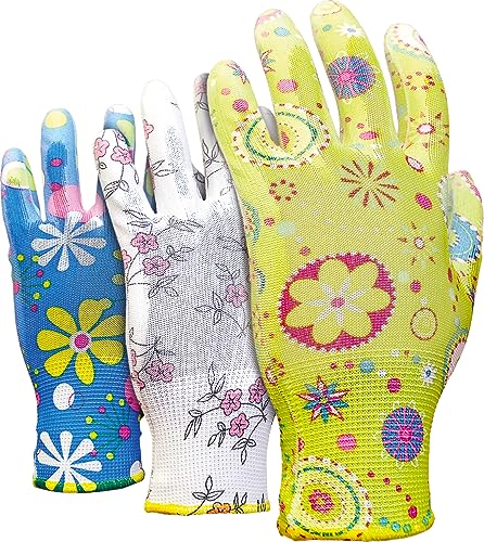 Guantes de seguridad de jardinería para mujer, pack de 3 pares de poliéster con poliuretano