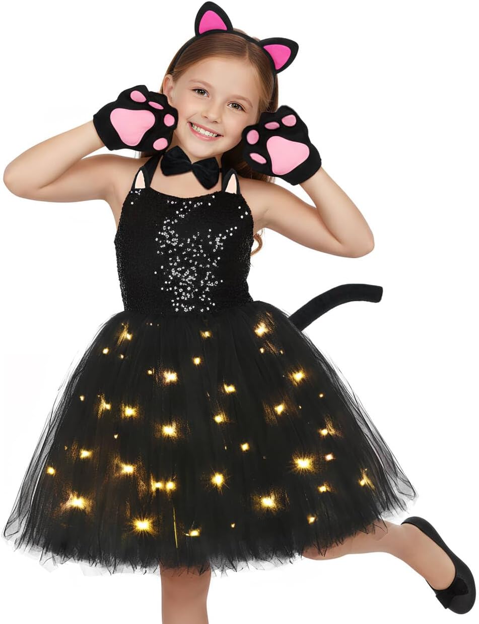 Black Cat Costume for Girls LED Light Up Dress with Ears Headband Lavaliere Claw Holder Tail Bowtie Tutu 3-4 T Balck