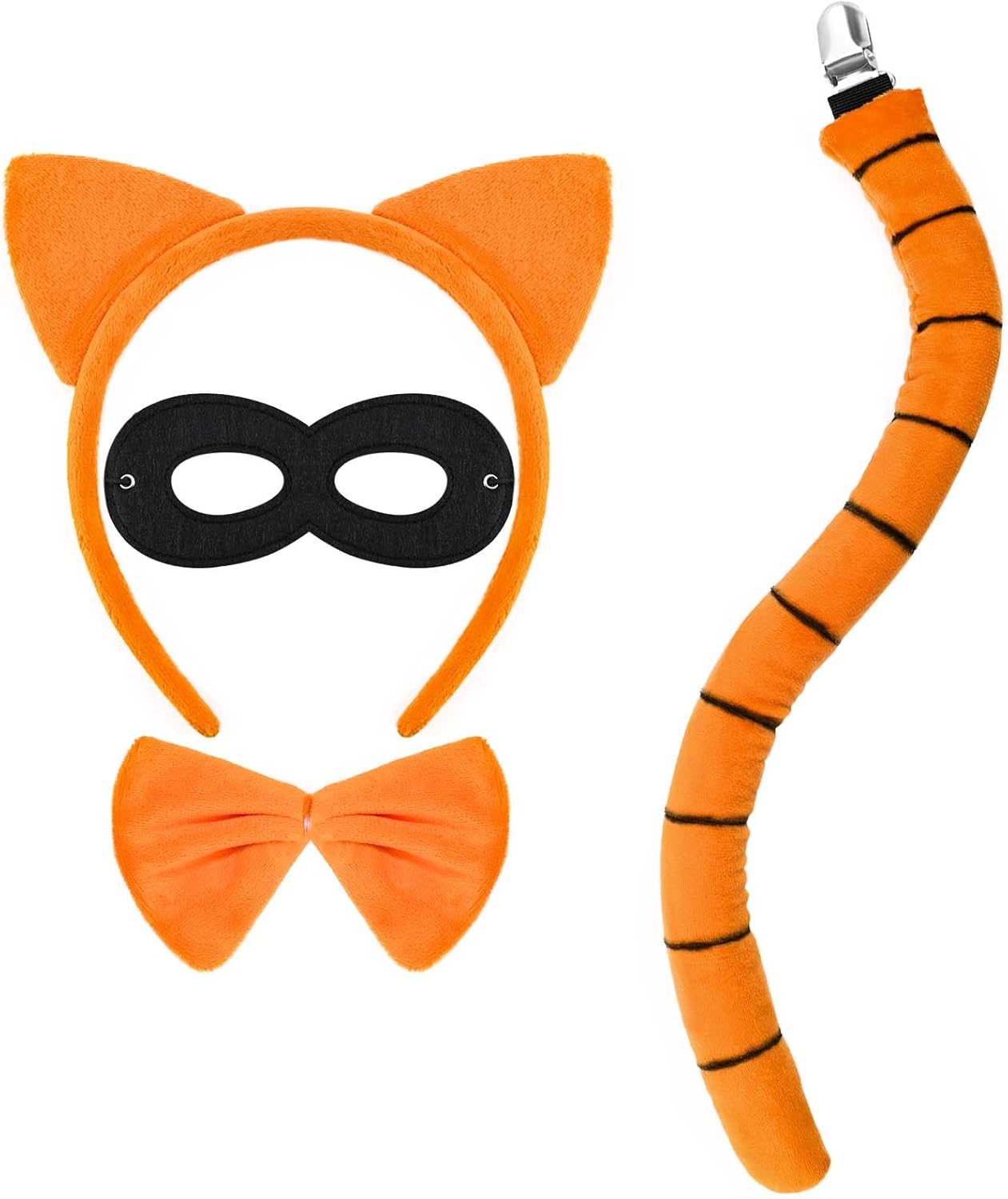 4Pcs Orange Cat Costume Accessories Set Including Orange Cat Ears Headband Tail Bow Tie Black Mask for Book Day Cosplay Supplies