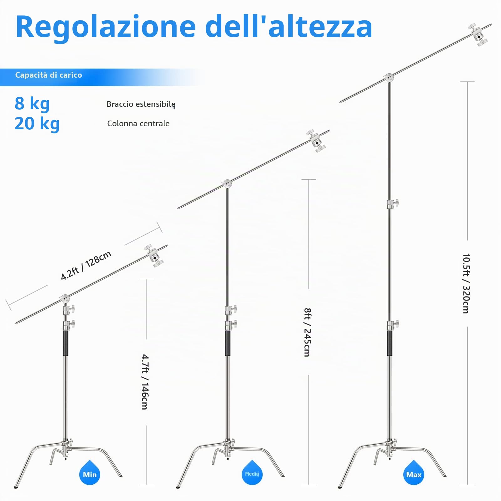 NEEWER Pro 100% Acciaio Inossidabile Heavy Duty C Stand con Braccio Braccio, Altezza Massima 10.5ft/320cm Supporto Luce per Fotografia con 4.2ft/128cm Braccio, 2 Grip Head per Studio Monolight