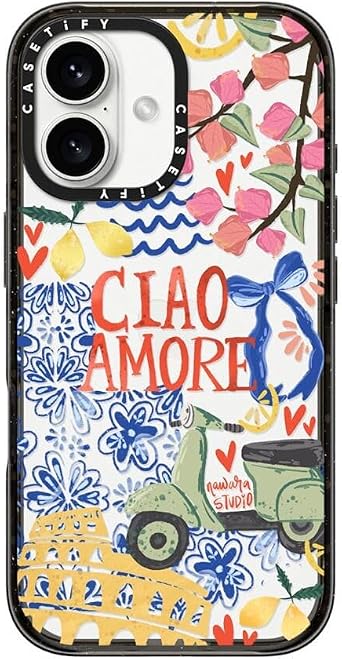 CASETiFY Impact Case for iPhone 16 [Slim / 8.2 ft. 4X Military Grade Drop Protection/Wireless Charging Compatible] - Ciao Amore - Clear Black