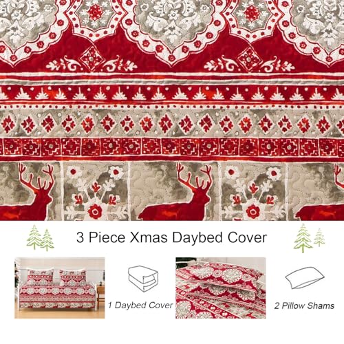 Image of Hailea Christmas Daybed Cover Double Sided Quilting Xmas Lodge Cabin Daybed Sets Bedding with 2 Pillow Shams Red Grey Elk Snowflake Holiday Xmas Bedspread Coverlet for All Season,39 inchx75 inch