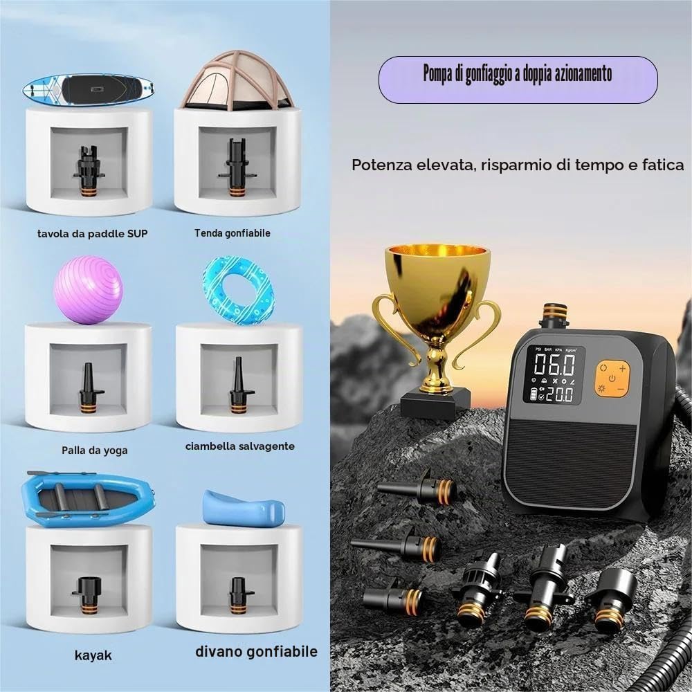 Pompa ad aria elettrica, batteria ricaricabile da 8000mAh, pompa per SUP, pompa ad aria con batteria, gonfiatore elettrico con 6 bocchette d'aria, pompa elettrica da 20PSI per materasso gonfiabile