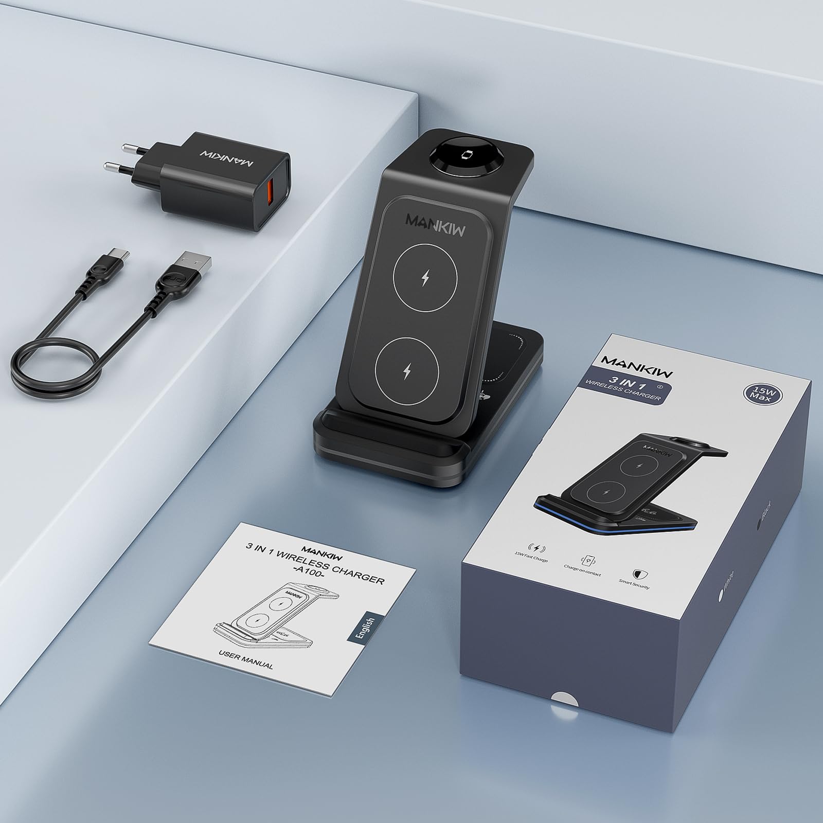 3 in 1 Stazione Ricarica per iPhone 17/16/15/14/13/12/XS/X/8 serie,MANKIW Caricabatterie Wireless per i-Watch 11-2 serie, per Air Pods 3/4/Pro 2