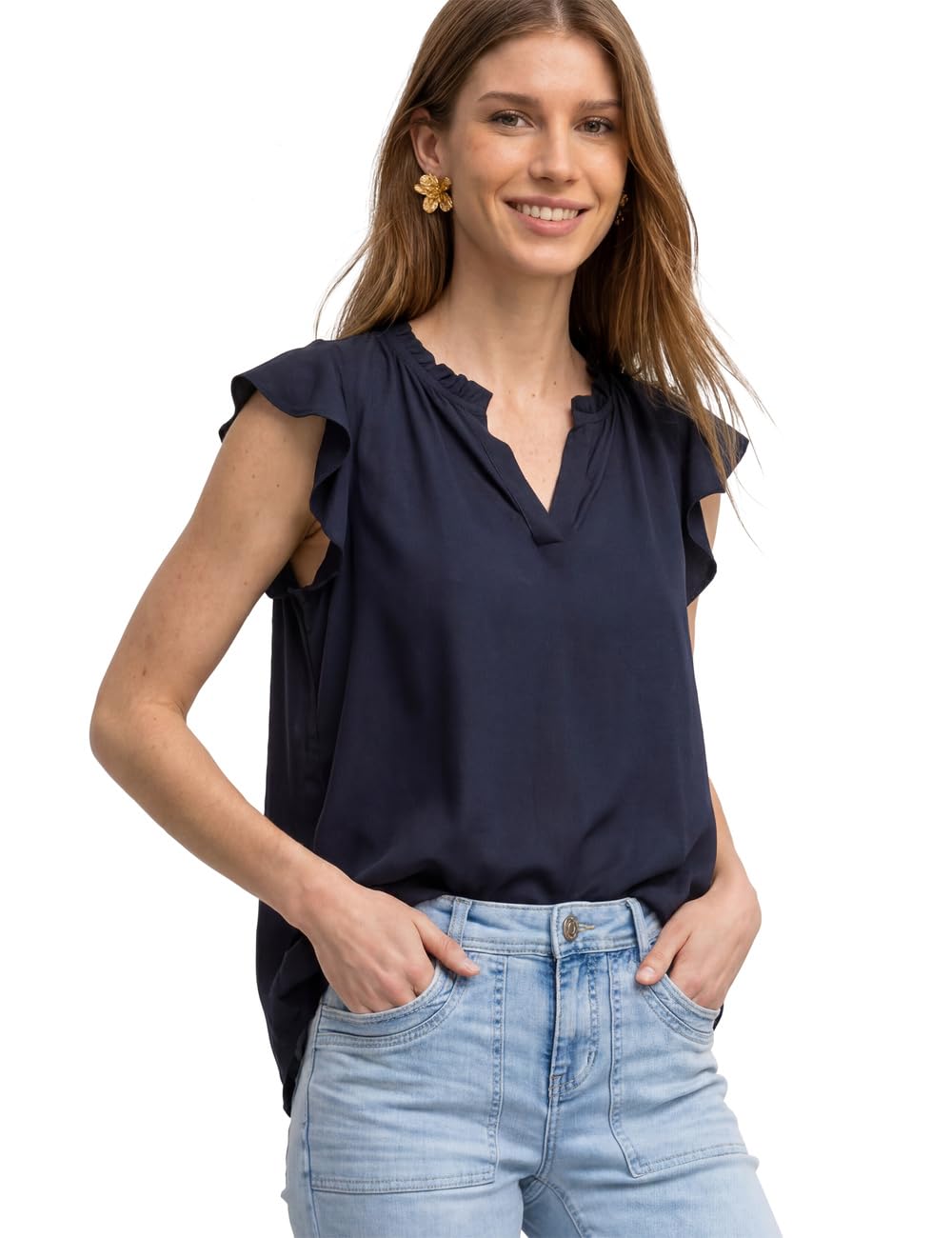 Street One Blouse Shirt with Split Neck and Valance Sleeves, Darkest Blue, 16