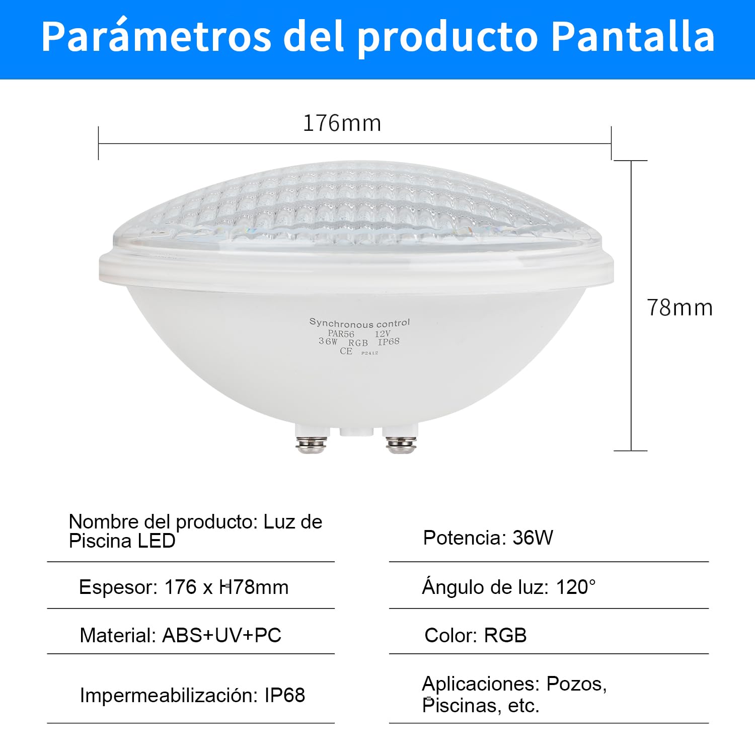 COOLWEST LED Piscina PAR56, Proyector Piscina RGBW Multicolor de 36W con Sincronizador Externo y Control Remoto IP68, AC 12V para Iluminación de Jardín