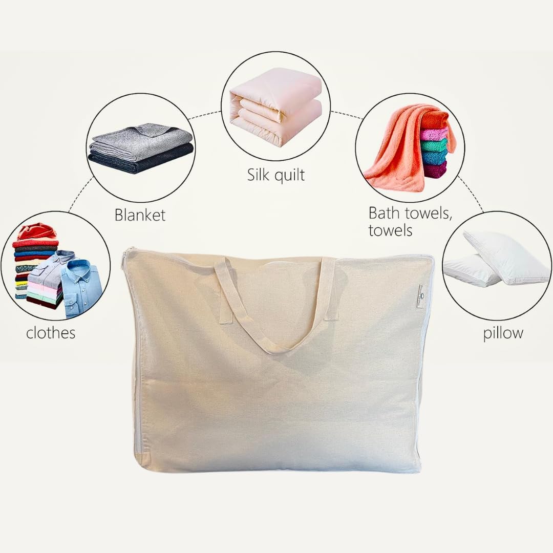 Storage Bag with Handles for Beddings, Comforters, Blankets, Linens -Underbed/WardrobeThick Soft Breathable Closet Organizer Bag (Large (21"X15"X10"), Off-White)