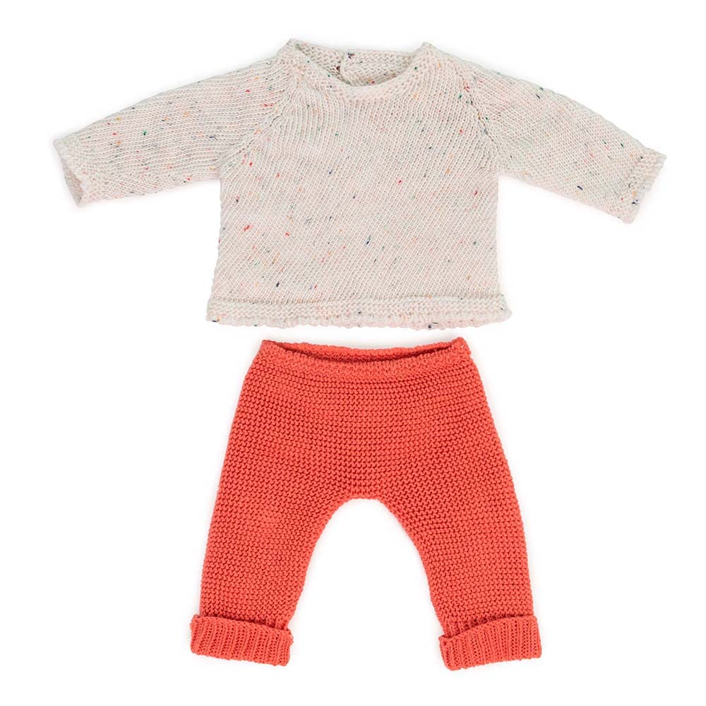 Miniland Dolls: Knitted Doll outfit 38cm - Sweater & Trousers, made of recycled materials, for 38cm Baby doll. Model: Sweater & Trousers in coral.